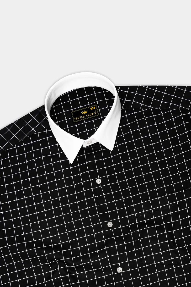 Obsidian-Jade Black And Bright White Windowpane Subtle Sheen Super Soft Premium Cotton Dress White Cuff Collar Shirt 5