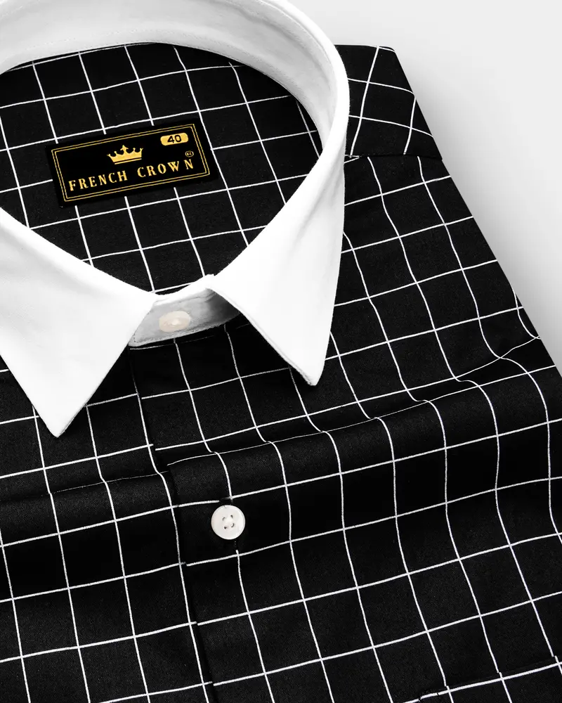Obsidian-Jade Black And Bright White Windowpane Subtle Sheen Super Soft Premium Cotton Dress White Cuff Collar Shirt 6