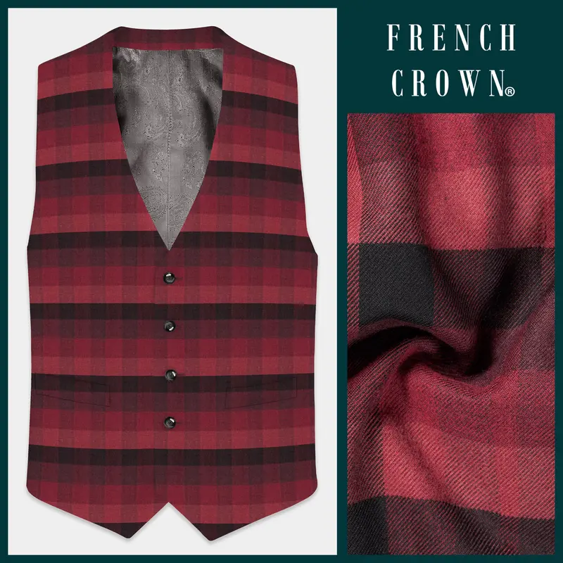 Obsidian-Wine Berry Red And Thunder Black Plaid Tweed Waistcoat 1