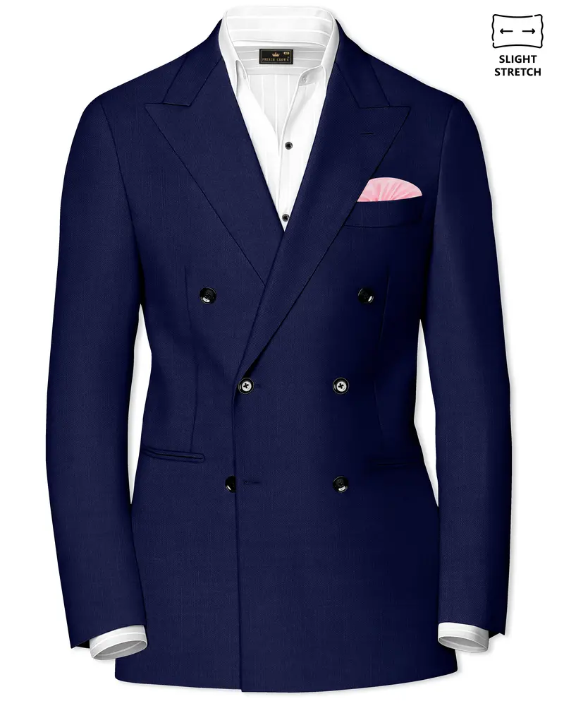 Obsidio-Ebony Navy Blue Wool Rich Slight Stretch Double Breasted Blazer 1