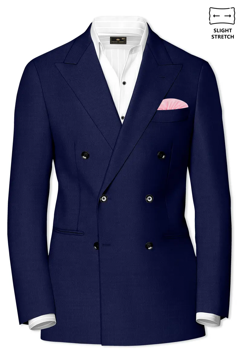Obsidio-Ebony Navy Blue Wool Rich Slight Stretch Double Breasted Blazer 2