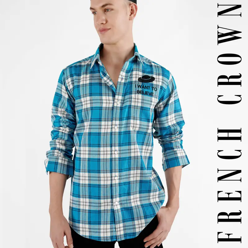 Ocean Blue And White Checkered With Embroidered Dobby Textured Designer Shirt 1