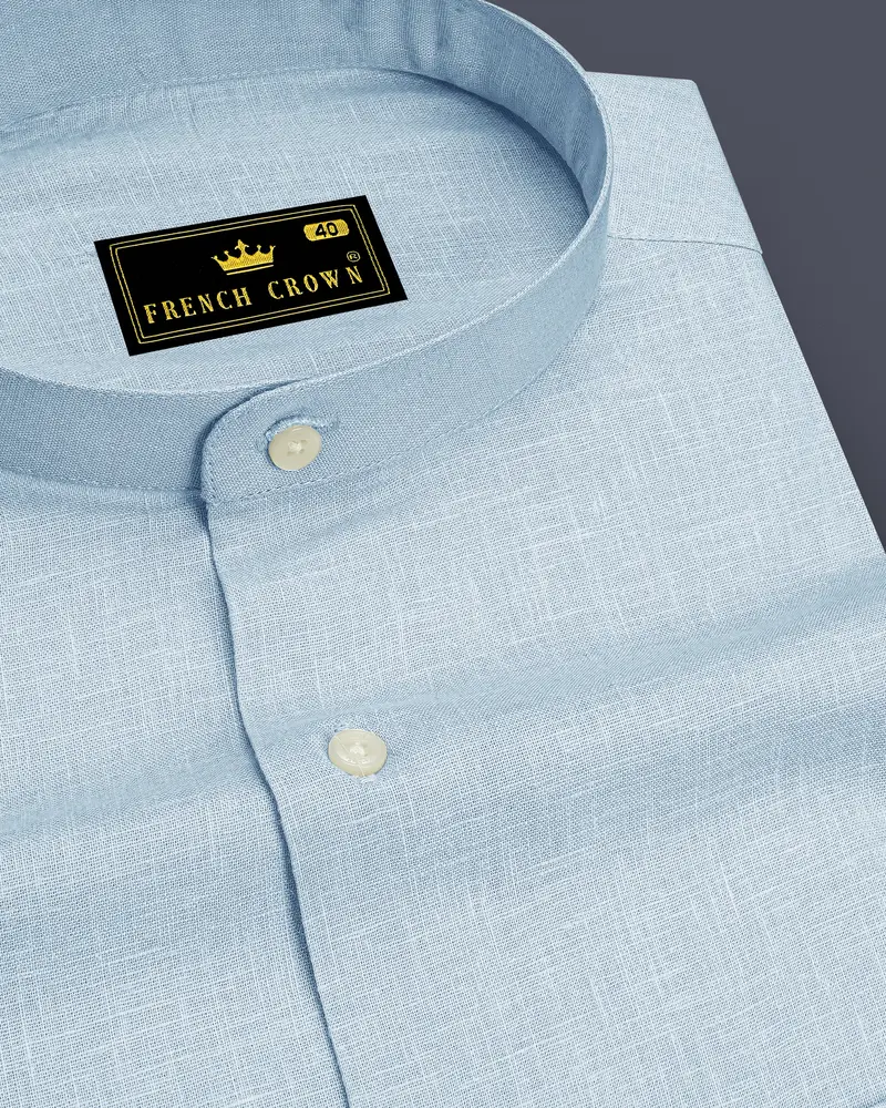 Ocean-Casper Blue Luxurious Linen Mandarin Dress Shirt 1