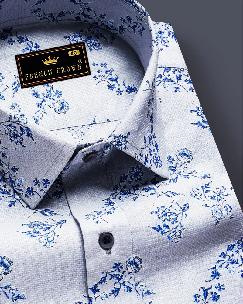 Ocean Mist-Casper Gray And Sapphire Blue Printed Dobby Textured Premium Giza Cotton Casual Shirt 1
