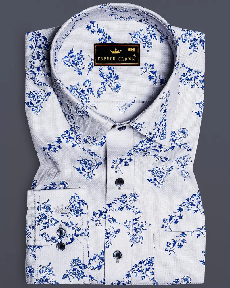 Ocean Mist-Casper Gray And Sapphire Blue Printed Dobby Textured Premium Giza Cotton Casual Shirt 10