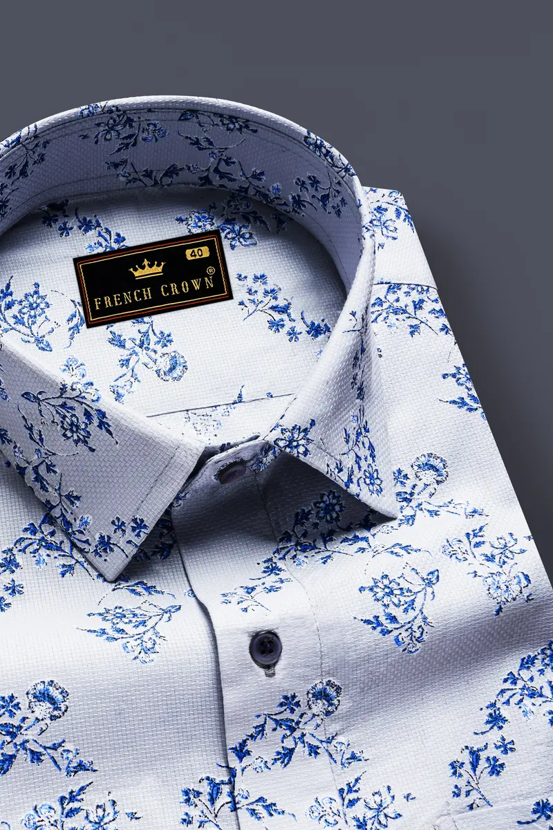 Ocean Mist-Casper Gray And Sapphire Blue Printed Dobby Textured Premium Giza Cotton Casual Shirt 2