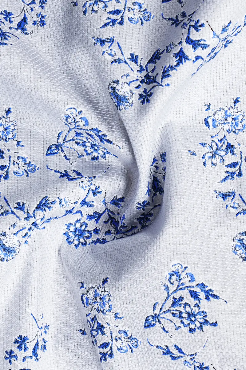 Ocean Mist-Casper Gray And Sapphire Blue Printed Dobby Textured Premium Giza Cotton Casual Shirt 3