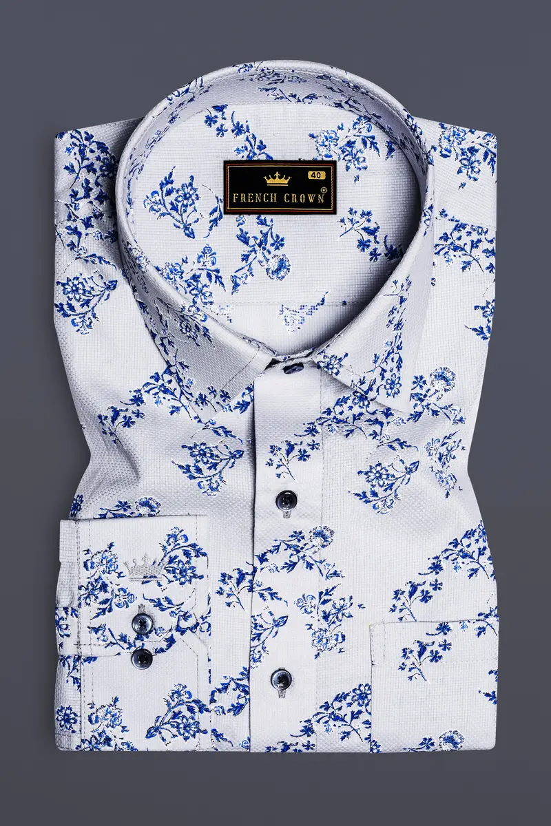 Ocean Mist-Casper Gray And Sapphire Blue Printed Dobby Textured Premium Giza Cotton Casual Shirt 4