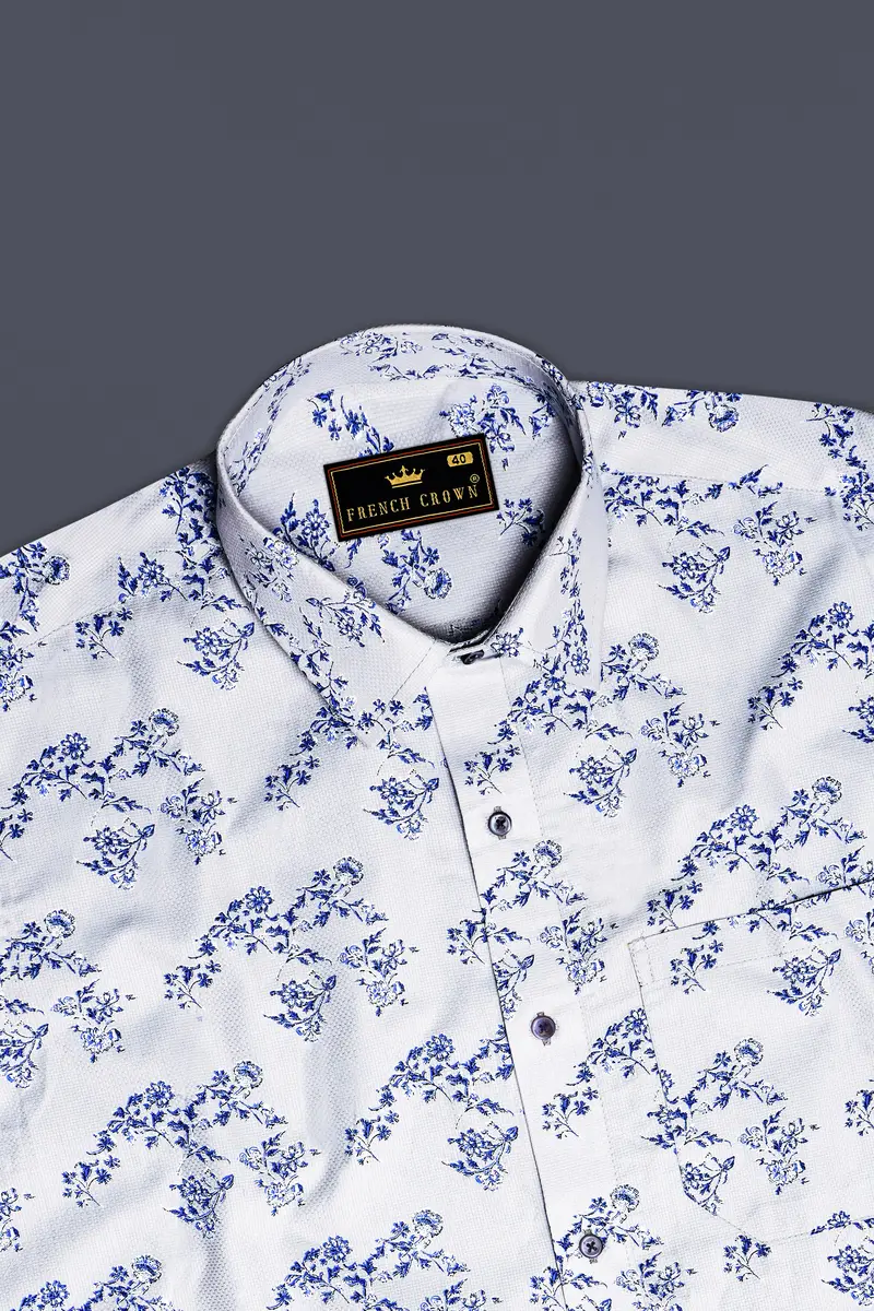 Ocean Mist-Casper Gray And Sapphire Blue Printed Dobby Textured Premium Giza Cotton Casual Shirt 5