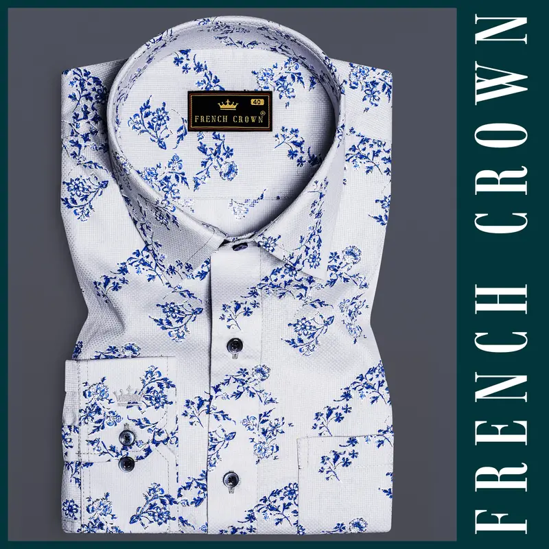Ocean Mist-Casper Gray And Sapphire Blue Printed Dobby Textured Premium Giza Cotton Casual Shirt 6