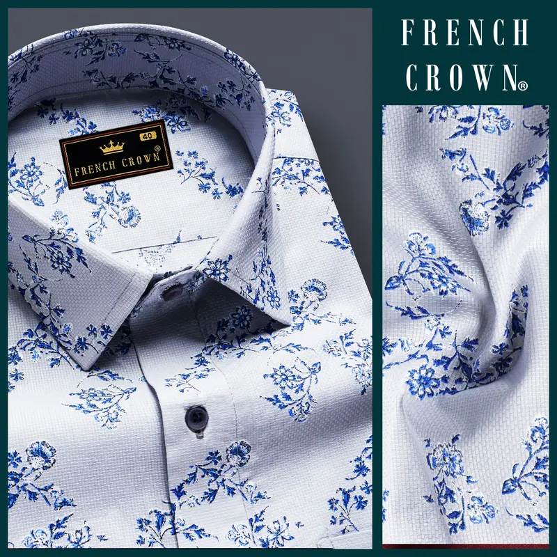Ocean Mist-Casper Gray And Sapphire Blue Printed Dobby Textured Premium Giza Cotton Casual Shirt 9