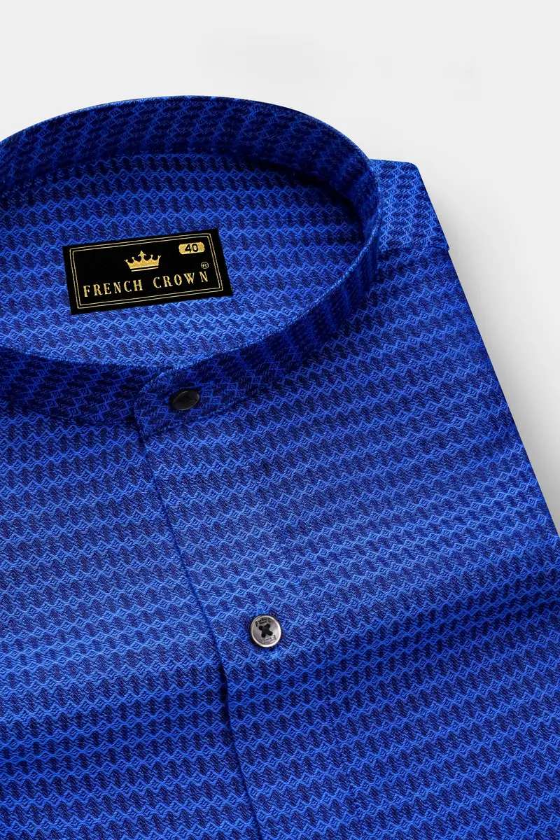 Oceanic-Biscay Blue Jacquard Textured Premium Cotton Semi Formal Shirt 1