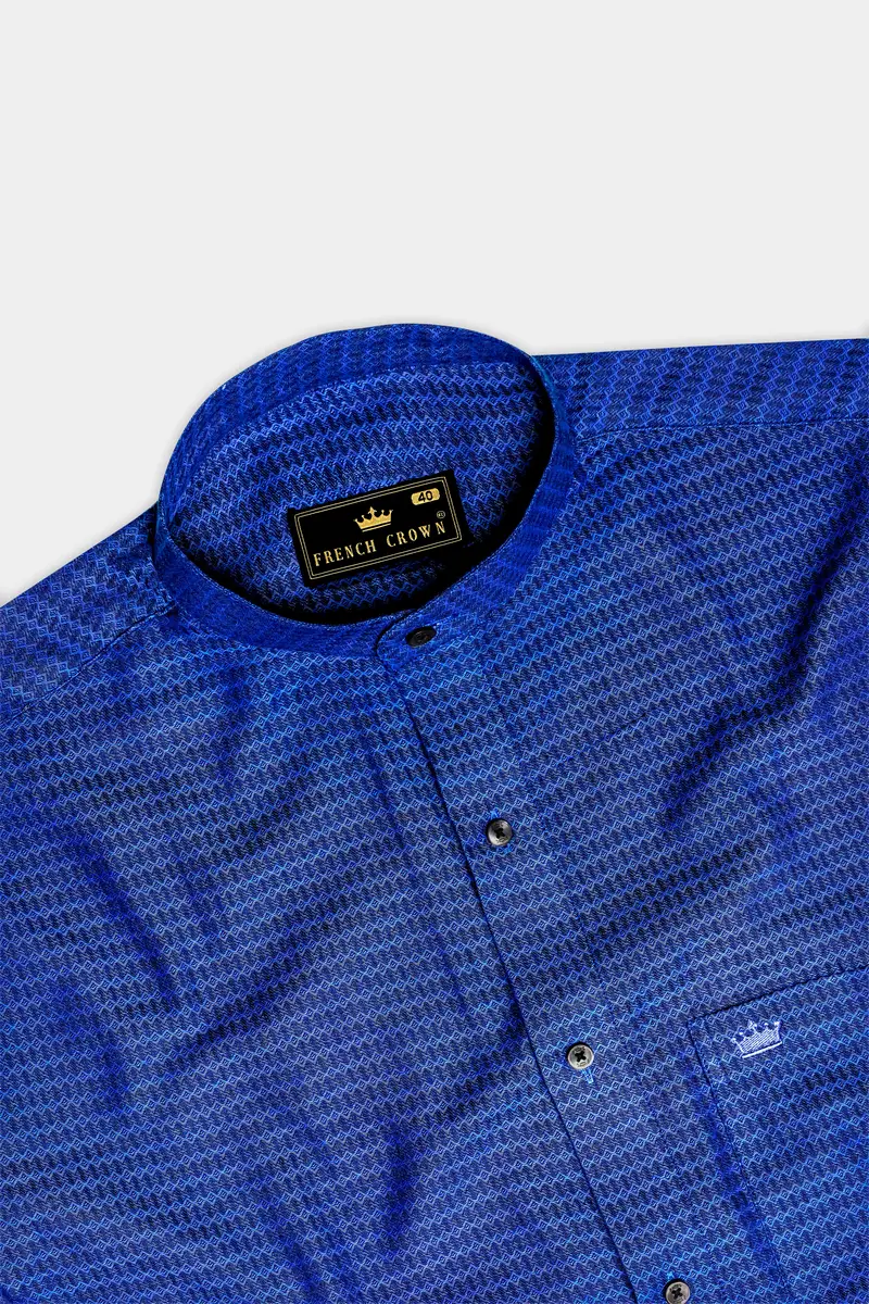 Oceanic-Biscay Blue Jacquard Textured Premium Cotton Semi Formal Shirt 4