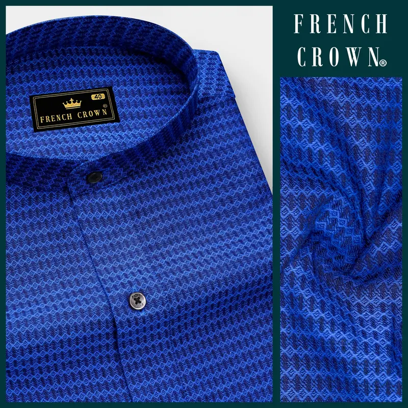 Oceanic-Biscay Blue Jacquard Textured Premium Cotton Semi Formal Shirt 8