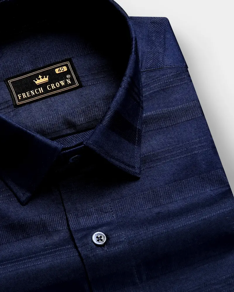Oceanmirage-Blue Stripes Dobby Textured Premium Giza Cotton Dress Shirt 1