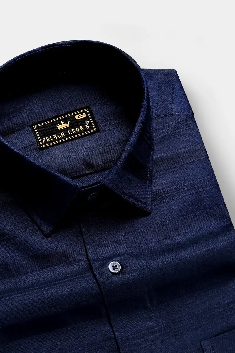 Oceanmirage-Blue Stripes Dobby Textured Premium Giza Cotton Dress Shirt 2