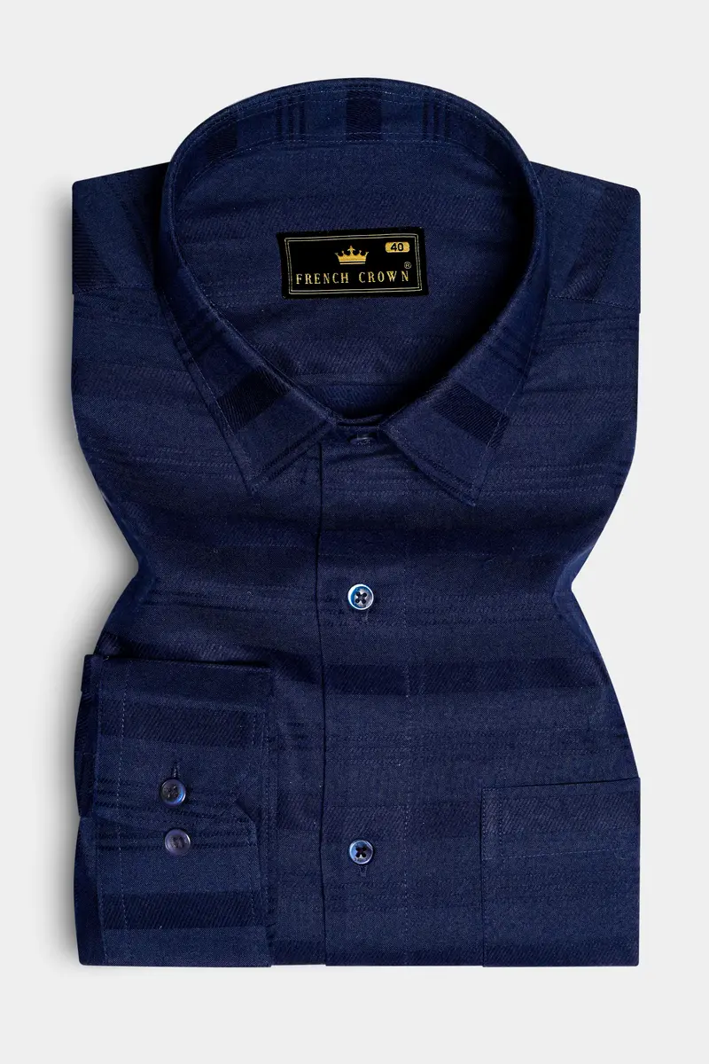 Oceanmirage-Blue Stripes Dobby Textured Premium Giza Cotton Dress Shirt 4