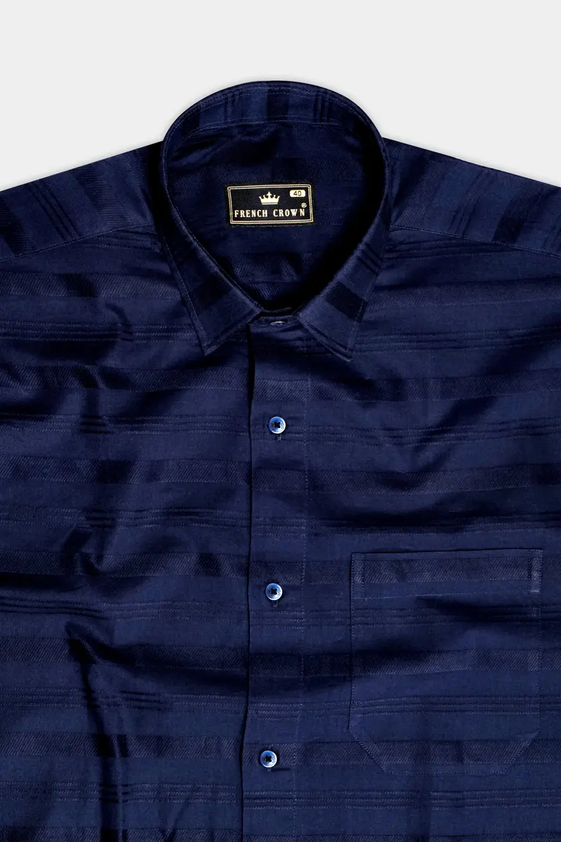 Oceanmirage-Blue Stripes Dobby Textured Premium Giza Cotton Dress Shirt 5