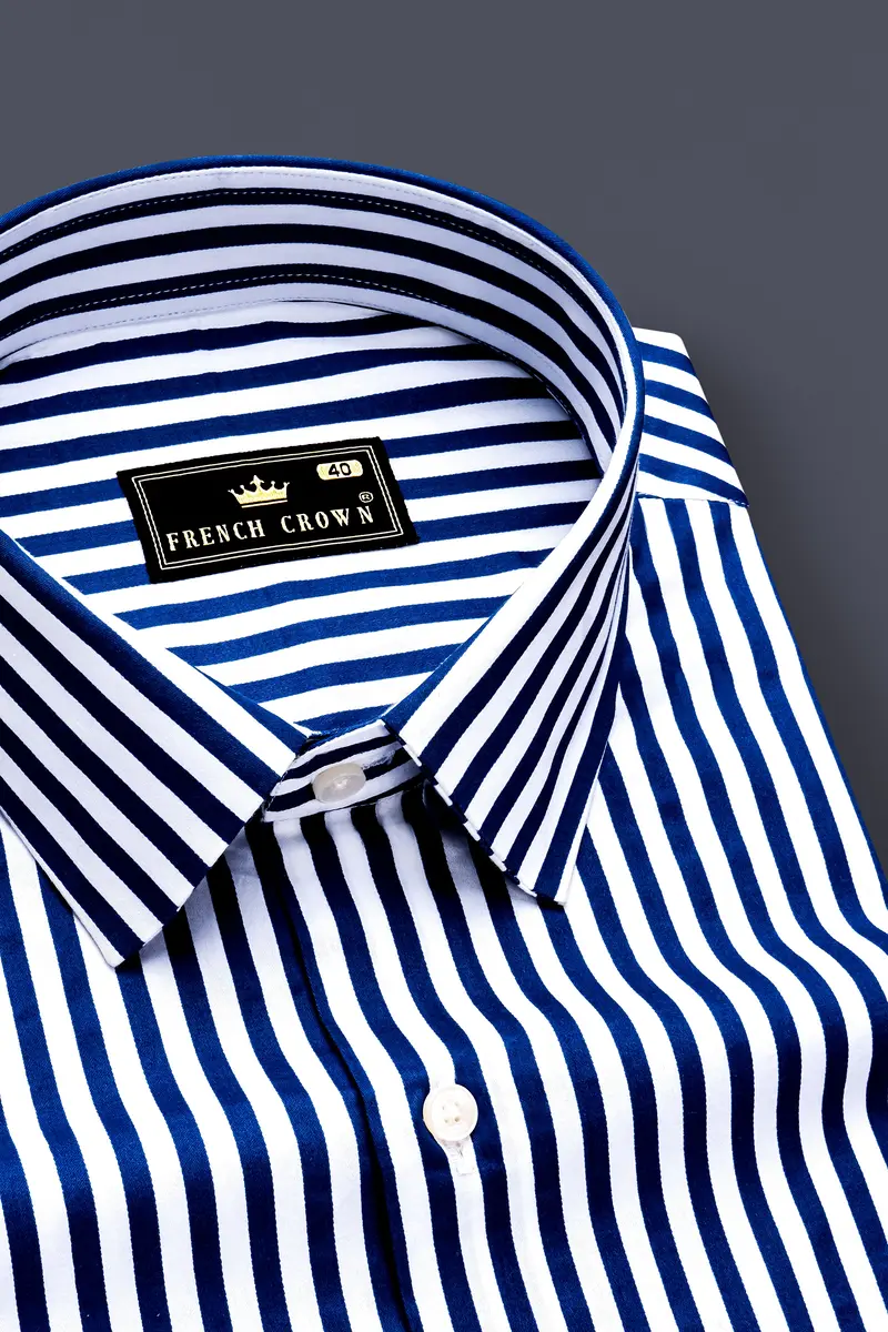 Oceanor-Catalina Blue And Bright White Striped Subtle Sheen Super Soft Premium Cotton Dress Shirt 2
