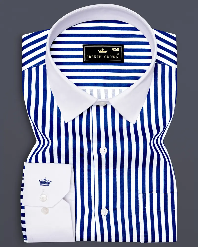 Oceanor-Catalina Blue And Bright White Striped Super Soft Premium Cotton Dress White Cuff Collar Shirt 1