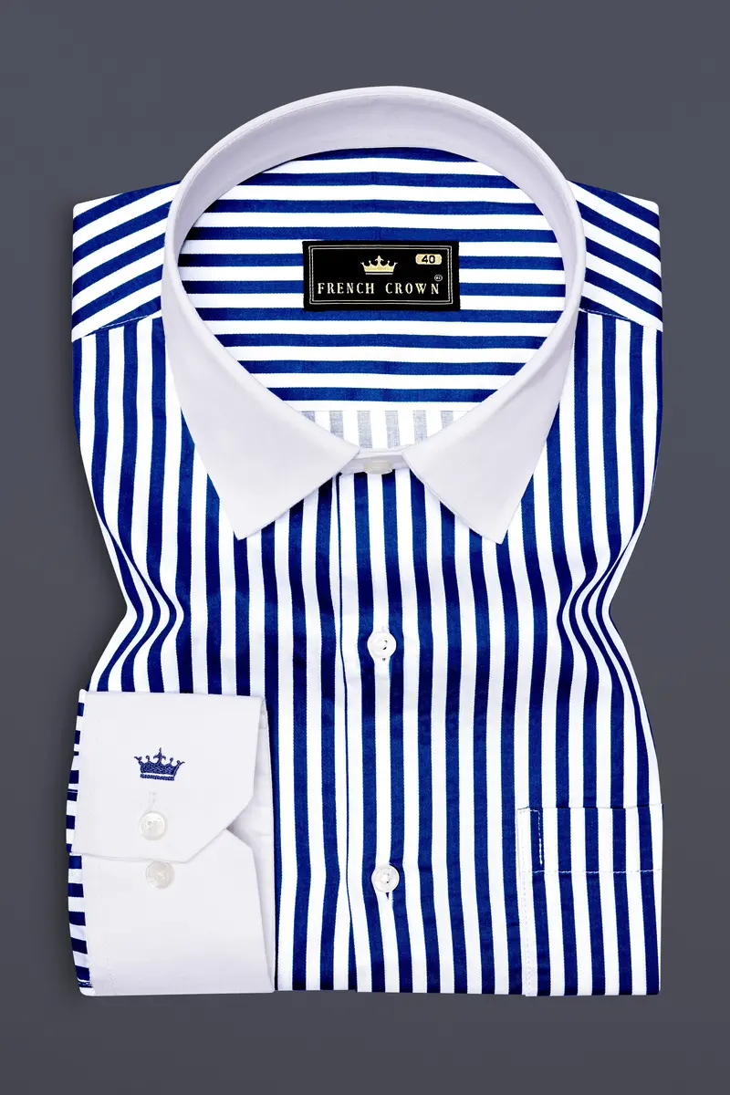 Oceanor-Catalina Blue And Bright White Striped Super Soft Premium Cotton Dress White Cuff Collar Shirt 2