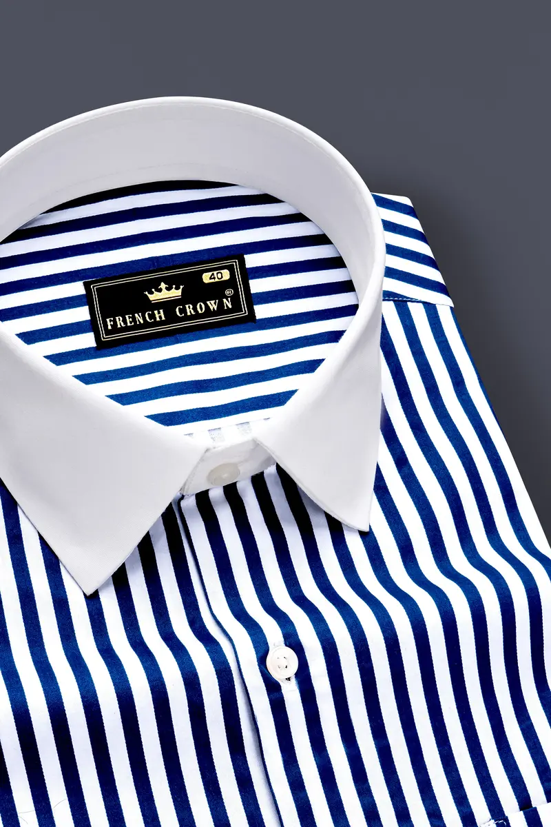 Oceanor-Catalina Blue And Bright White Striped Super Soft Premium Cotton Dress White Cuff Collar Shirt 4