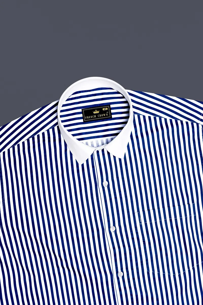 Oceanor-Catalina Blue And Bright White Striped Super Soft Premium Cotton Dress White Cuff Collar Shirt 5