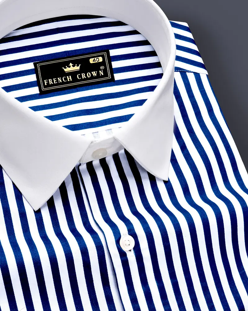 Oceanor-Catalina Blue And Bright White Striped Super Soft Premium Cotton Dress White Cuff Collar Shirt 6