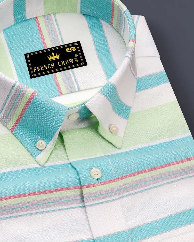 Oceverde-Bermuda Blue And Sprout Green Bayadere Striped Heavy Weight Oxford Premium Cotton Casual Shirt 1
