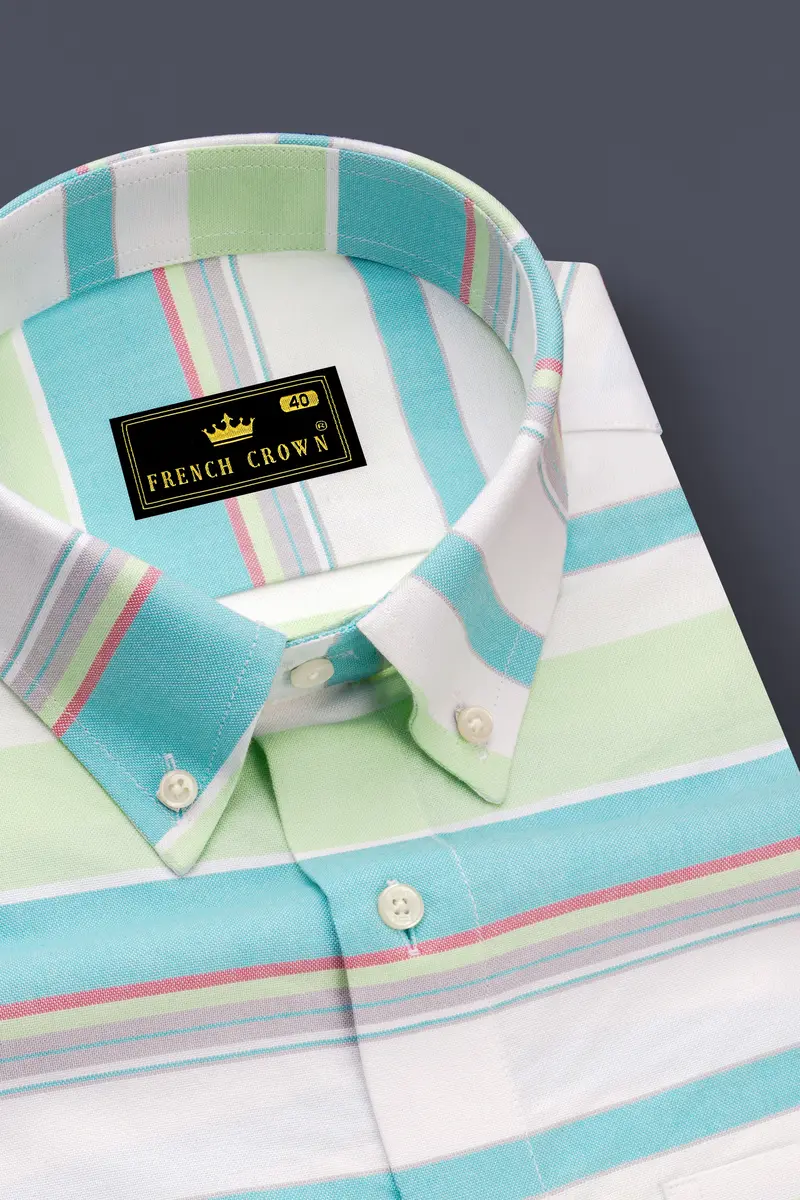 Oceverde-Bermuda Blue And Sprout Green Bayadere Striped Heavy Weight Oxford Premium Cotton Casual Shirt 2