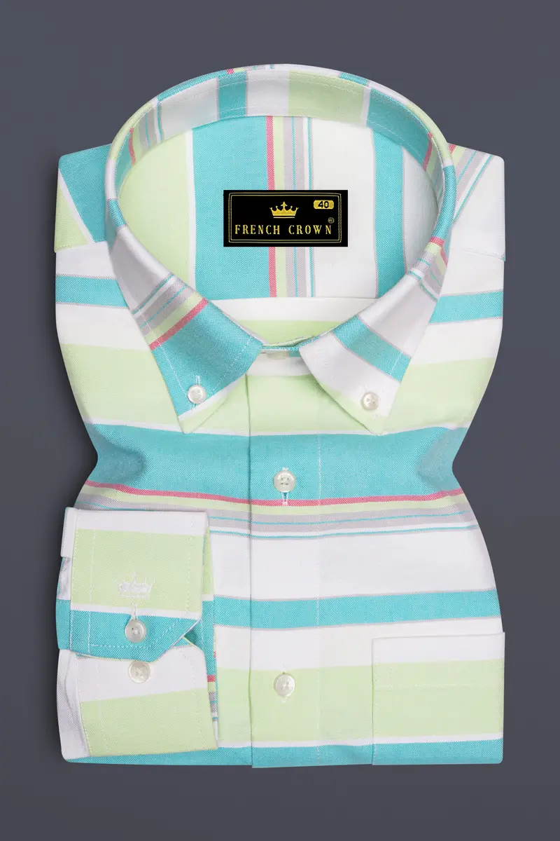 Oceverde-Bermuda Blue And Sprout Green Bayadere Striped Heavy Weight Oxford Premium Cotton Casual Shirt 4