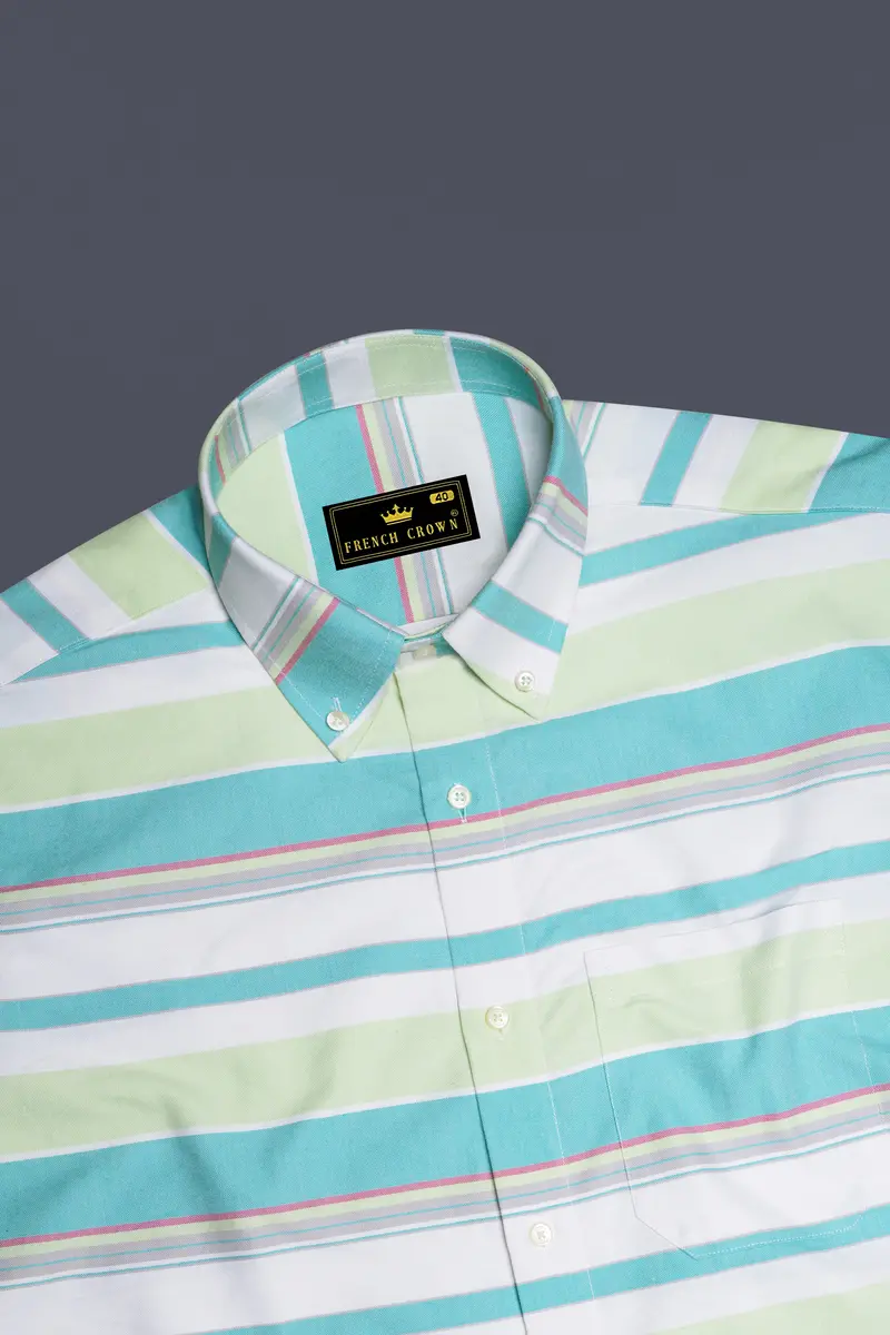 Oceverde-Bermuda Blue And Sprout Green Bayadere Striped Heavy Weight Oxford Premium Cotton Casual Shirt 5
