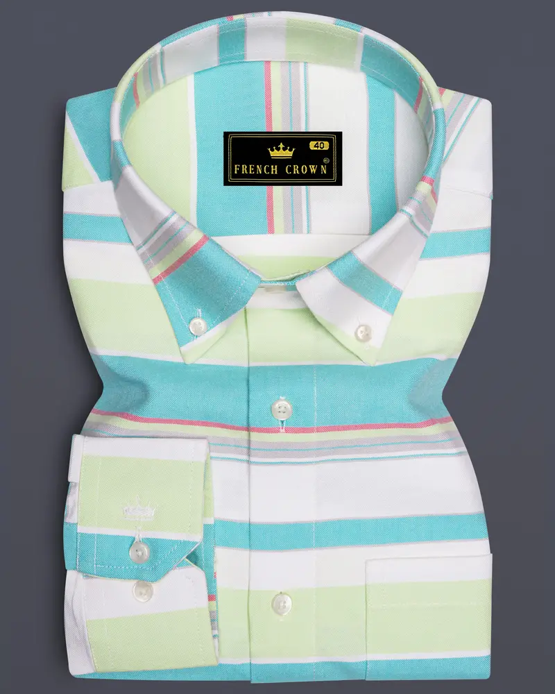 Oceverde-Bermuda Blue And Sprout Green Bayadere Striped Heavy Weight Oxford Premium Cotton Casual Shirt 6