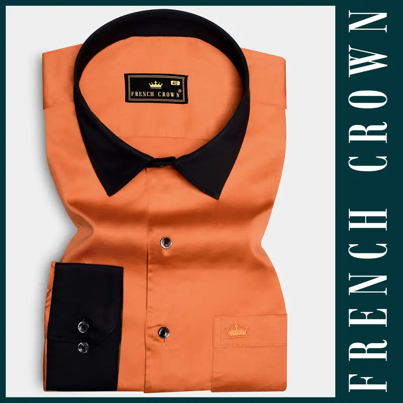Ochre-Raw Sienna Orange Solid Twill Premium Cotton Semi Formal Shirt 1