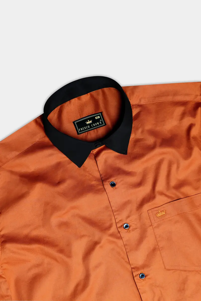 Ochre-Raw Sienna Orange Solid Twill Premium Cotton Semi Formal Shirt 5