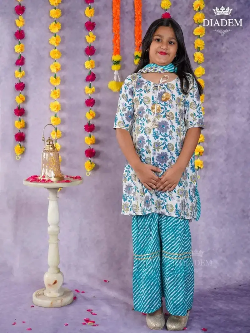 Off White And Blue Sharara Suit Adorned In Floral Prints With Dupatta 1