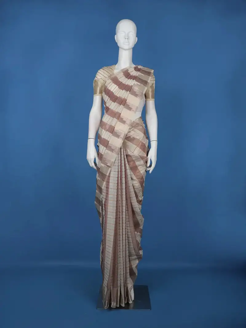 Off-White And Brown Striped Design Semi Tussar Saree 1