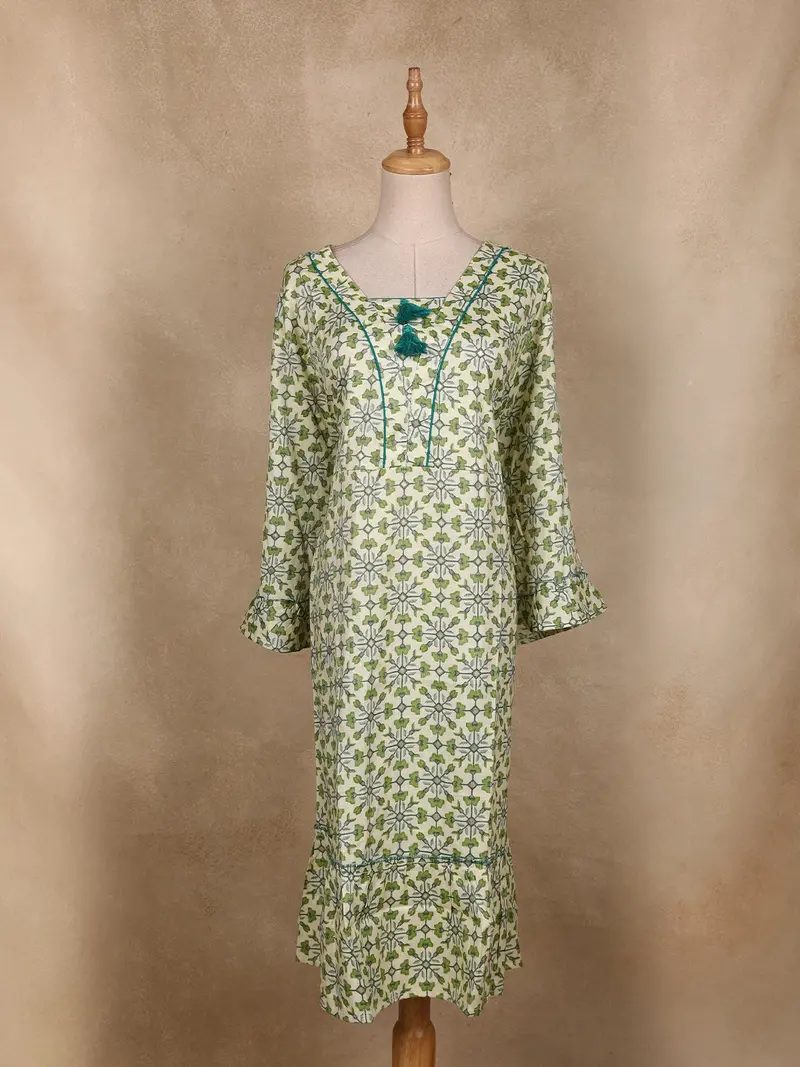 Off White And Green Geometric Floral Printed Cotton Kurti 1