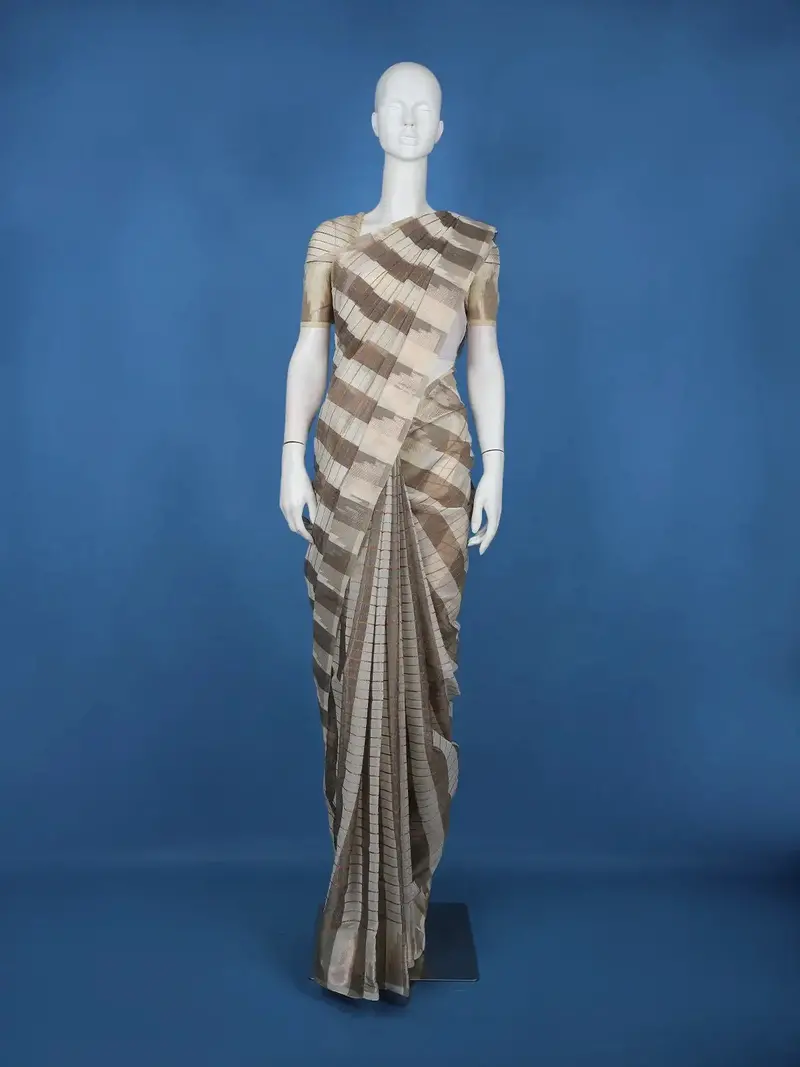 Off-White And Grey Striped Design Semi Tussar Saree 1