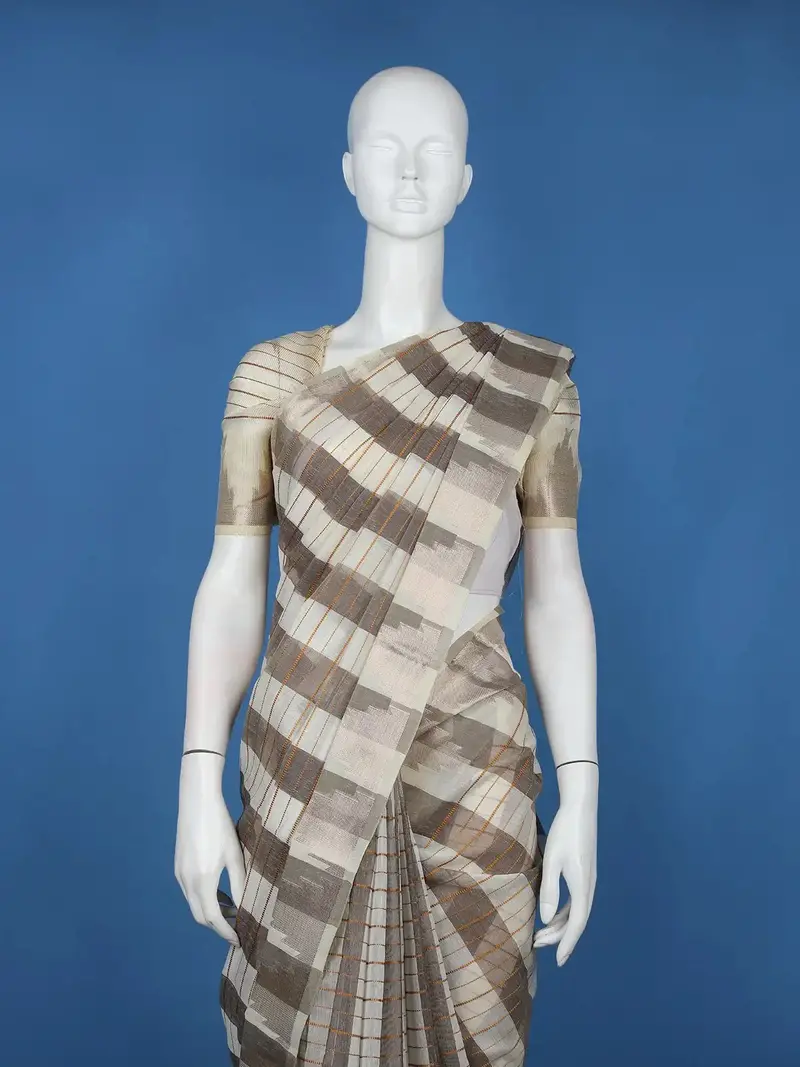 Off-White And Grey Striped Design Semi Tussar Saree 2