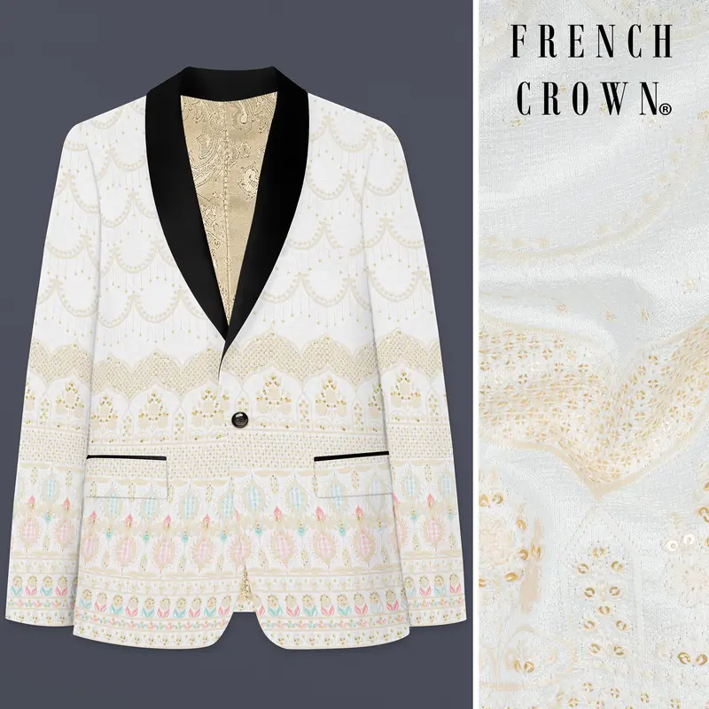 Off White And Oriental Pink Sequins Embroidered Tuxedo Blazer 1