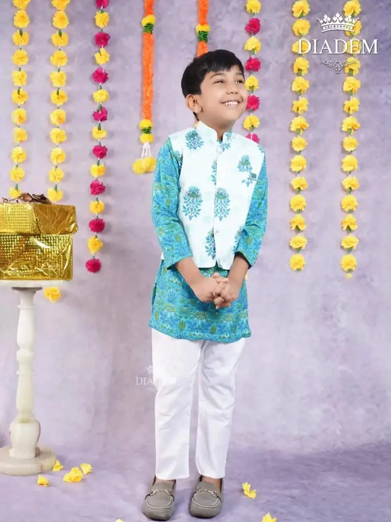 Off White And Peacock Blue Kurta Pyjama Enhanced In Floral Prints With Jacket 1