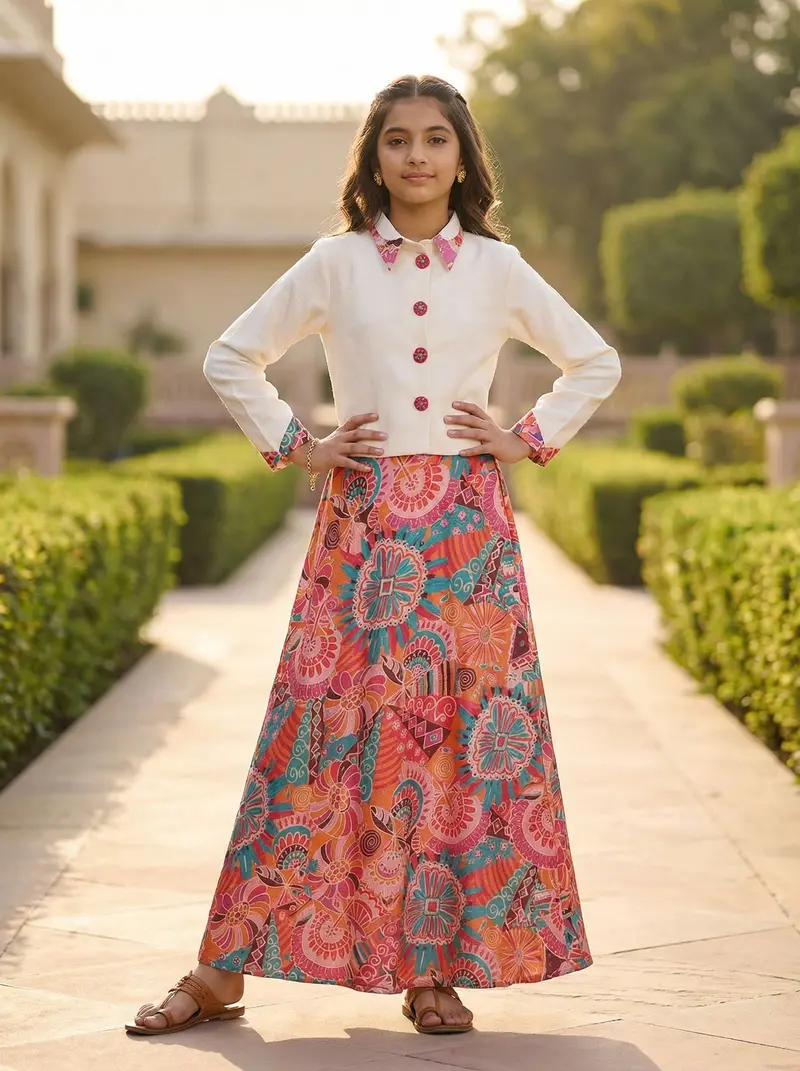 Off-White And Printed Satin Lehenga Embellished With Floral Prints 1