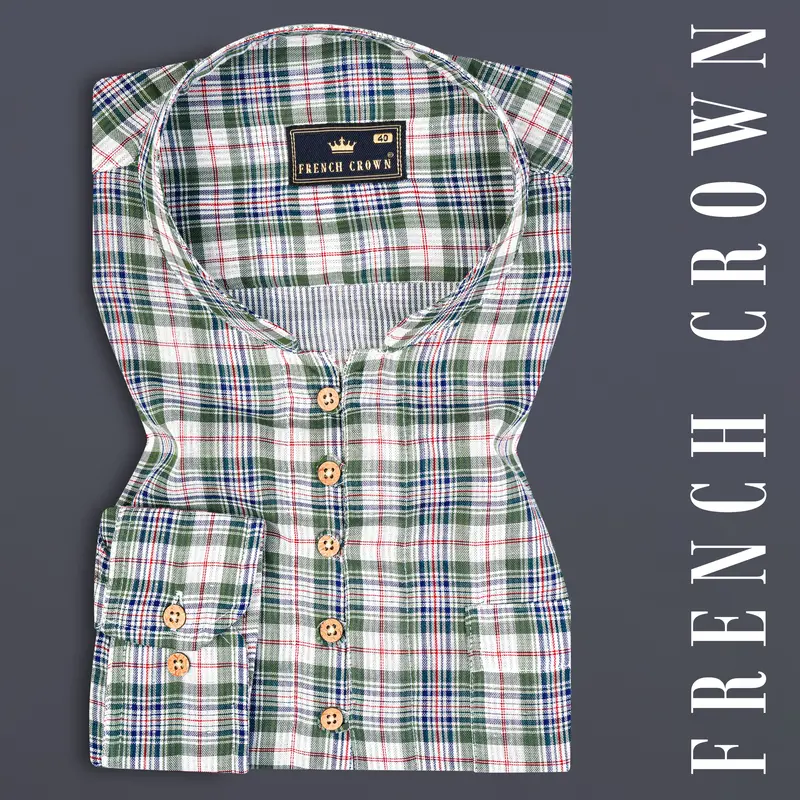 Off White And Stromboli Green Plaid Twill Textured Premium Cotton Kurta Shirt 1