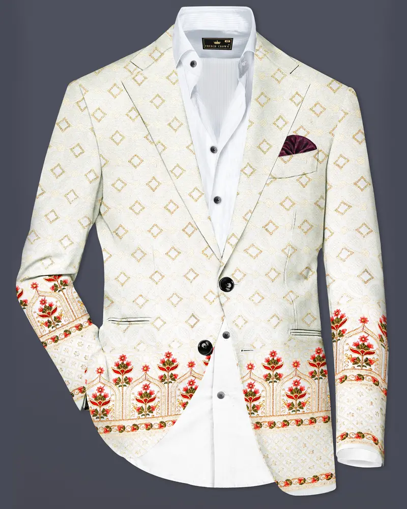 Off White And Sunset Pink Flower Multicolor Sequin And Thread Embroidered Single Breasted Blazer 1