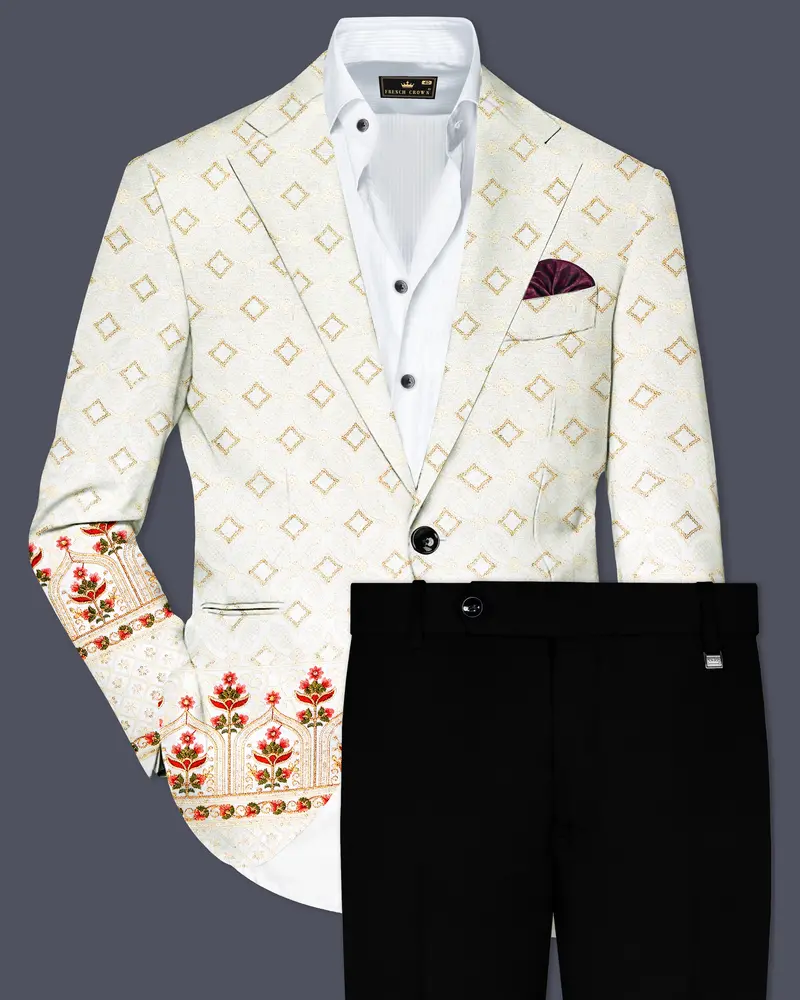 Off White And Sunset Pink Flower Multicolor Sequin And Thread Embroidered Single Breasted Suit 1