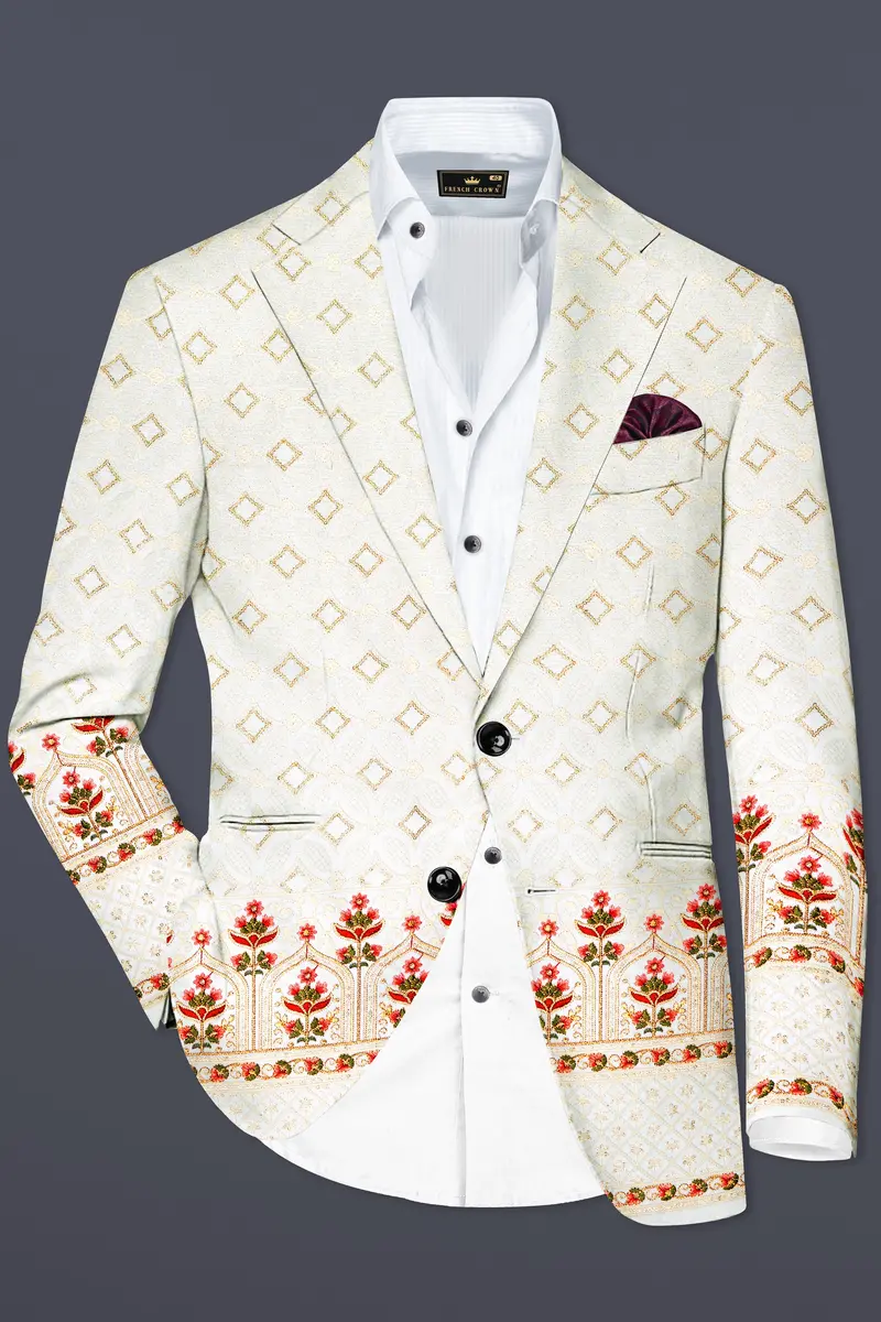 Off White And Sunset Pink Flower Multicolor Sequin And Thread Embroidered Single Breasted Suit 10