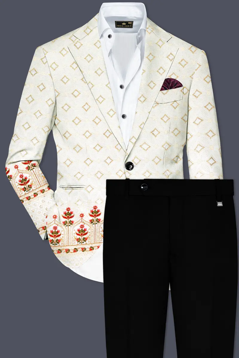 Off White And Sunset Pink Flower Multicolor Sequin And Thread Embroidered Single Breasted Suit 2