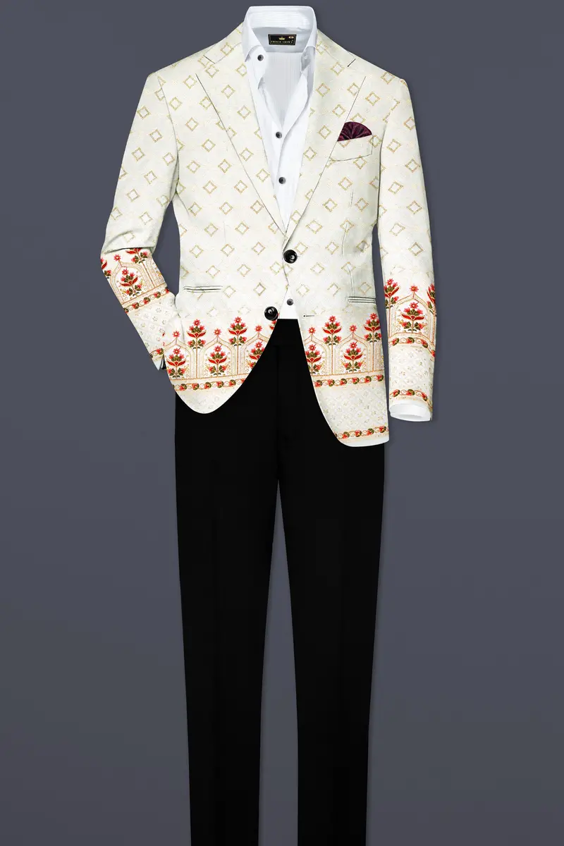 Off White And Sunset Pink Flower Multicolor Sequin And Thread Embroidered Single Breasted Suit 4