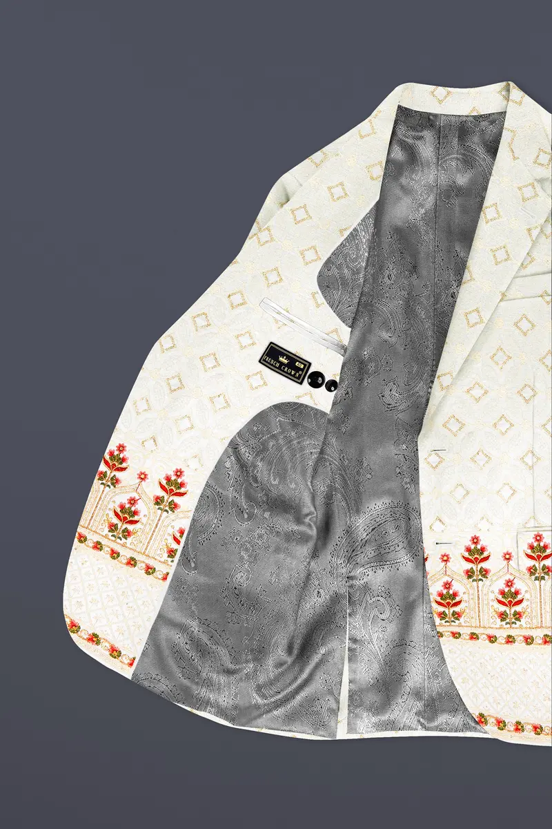 Off White And Sunset Pink Flower Multicolor Sequin And Thread Embroidered Single Breasted Suit 5
